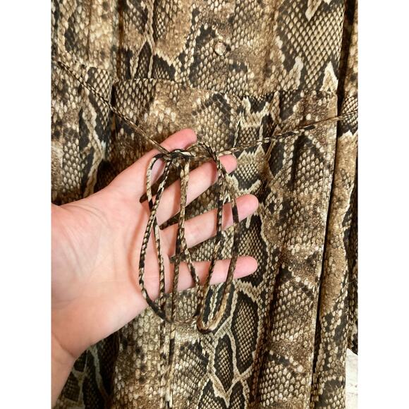MNG Dress Womens 2 Brown Snakeskin Printed Full Length Puff Sleeve Chiffon - Picture 8 of 16